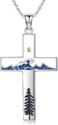 wholesale 925 Sterling Silver Cross with Wave and Tree Design Pendant Necklace for Women-Wave Mustard Seed