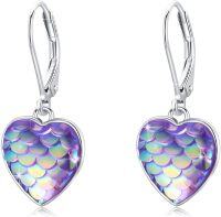 wholesale 925 Sterling Silver Rainbow Mermaid Scale Heart Leverback Hoop Earrings-Purple