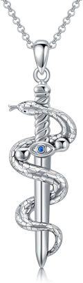 wholesale 925 Sterling Silver Snake and Eye Design Pendant Necklace with Blue Crystal Accent-0-0