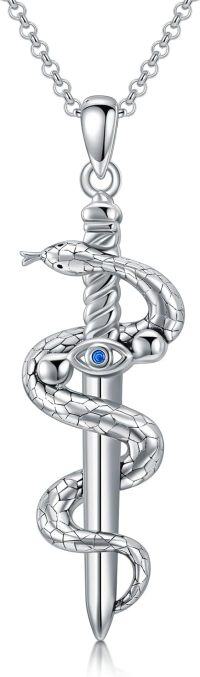wholesale 925 Sterling Silver Snake and Eye Design Pendant Necklace with Blue Crystal Accent-Dagger Snake Necklace