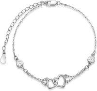 wholesale Sterling Silver Cubic Zirconia Double Heart Chain Jewelry for Women-04 Apr - Crystal-White Gold-Bracelet 7''-9''