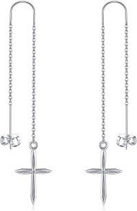 wholesale 925 Sterling Silver Cross Heart Threader Chain Drop Earrings for Women-cross threader earrings