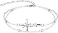 wholesale 925 Sterling Silver Faith Cross Bracelet with Gold Rosary Layered Anklet Religious Christian s for Women-Silver