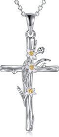 wholesale 925 Sterling Silver Daffodil Birth Flower Cross Pendant Necklace for Women-0-0