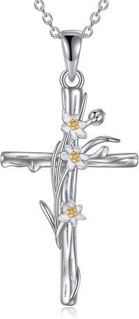 wholesale 925 Sterling Silver Daffodil Birth Flower Cross Pendant Necklace for Women-Daffodils cross necklace-March Birth Flower