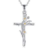 wholesale 925 Sterling Silver Cross Pendant With Floral Design-Daffodils cross necklace-March Birth Flower