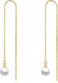 wholesale 14k Gold Long Threader Earrings with Pearl Dangle Ear Line s-10k Gold pearl threader earrings