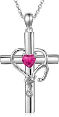 wholesale  Metal Stone Stethoscope Cross Pendant Necklace for Nurse Doctor Graduation -July-Ruby