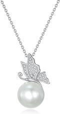 wholesale 925 Sterling Silver White Freshwater Pearl Butterfly Pendant Necklace with Cubic Zirconia Accents-0-0