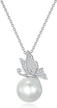 wholesale 925 Sterling Silver White Freshwater Pearl Butterfly Pendant Necklace with Cubic Zirconia Accents-1-Butterfly