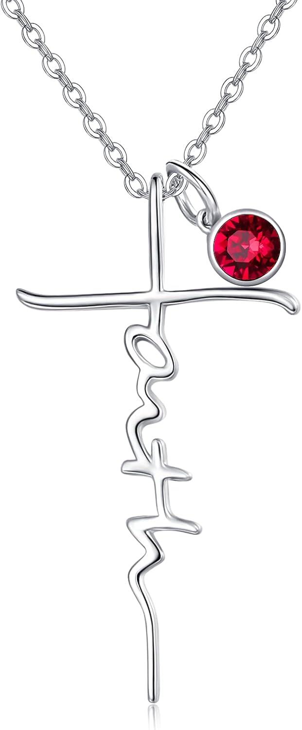 Sterling Silver Birthstone Faith Cross Pendant Necklace for Women-Garnet-Garnet