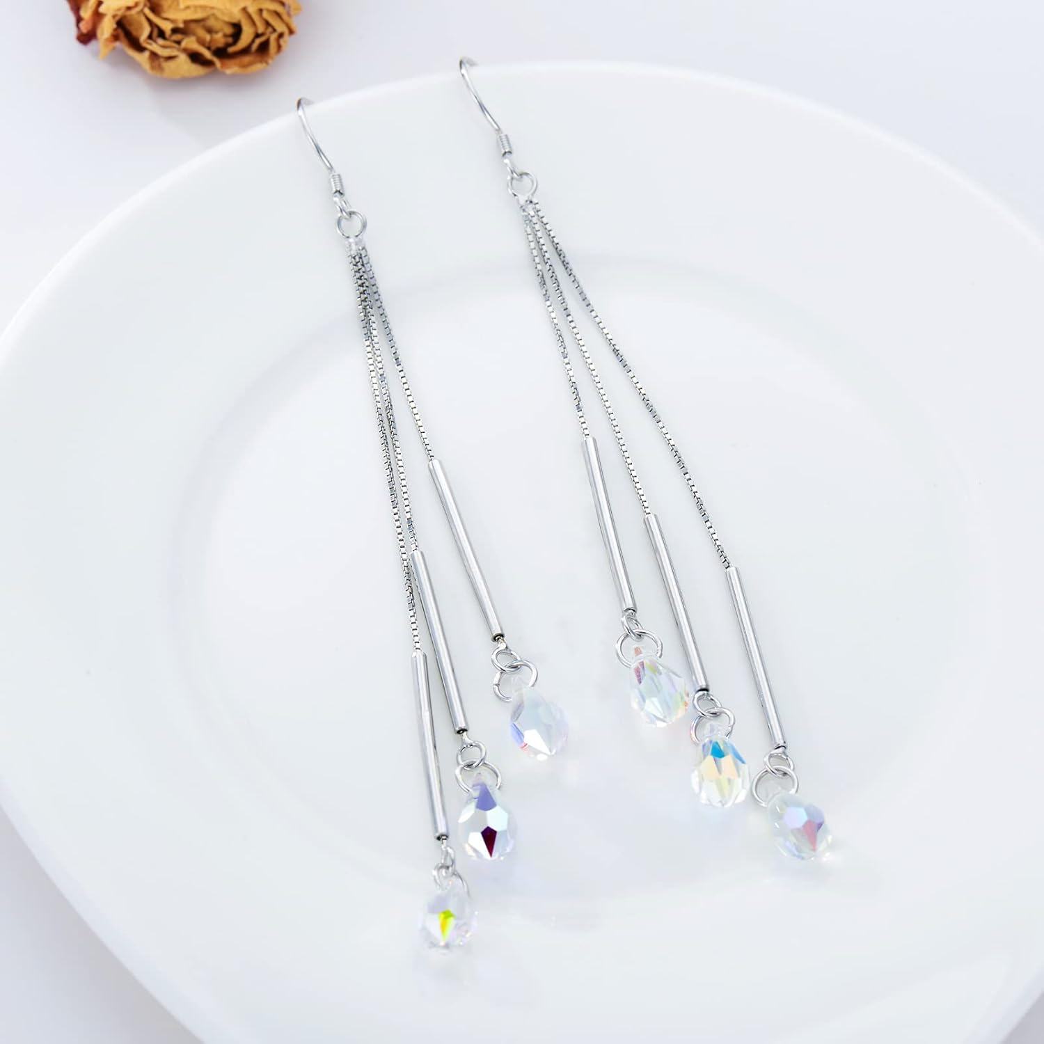 Sterling Silver Austrian Crystals Aurora Borealis Teardrop Dangle Earrings-0-2