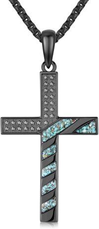 wholesale 925 Sterling Silver Black Plated Turquoise Inlay American Flag Cross Pendant Necklace for Men Religious s-D01 - Black Cross with Turquoise Gravel