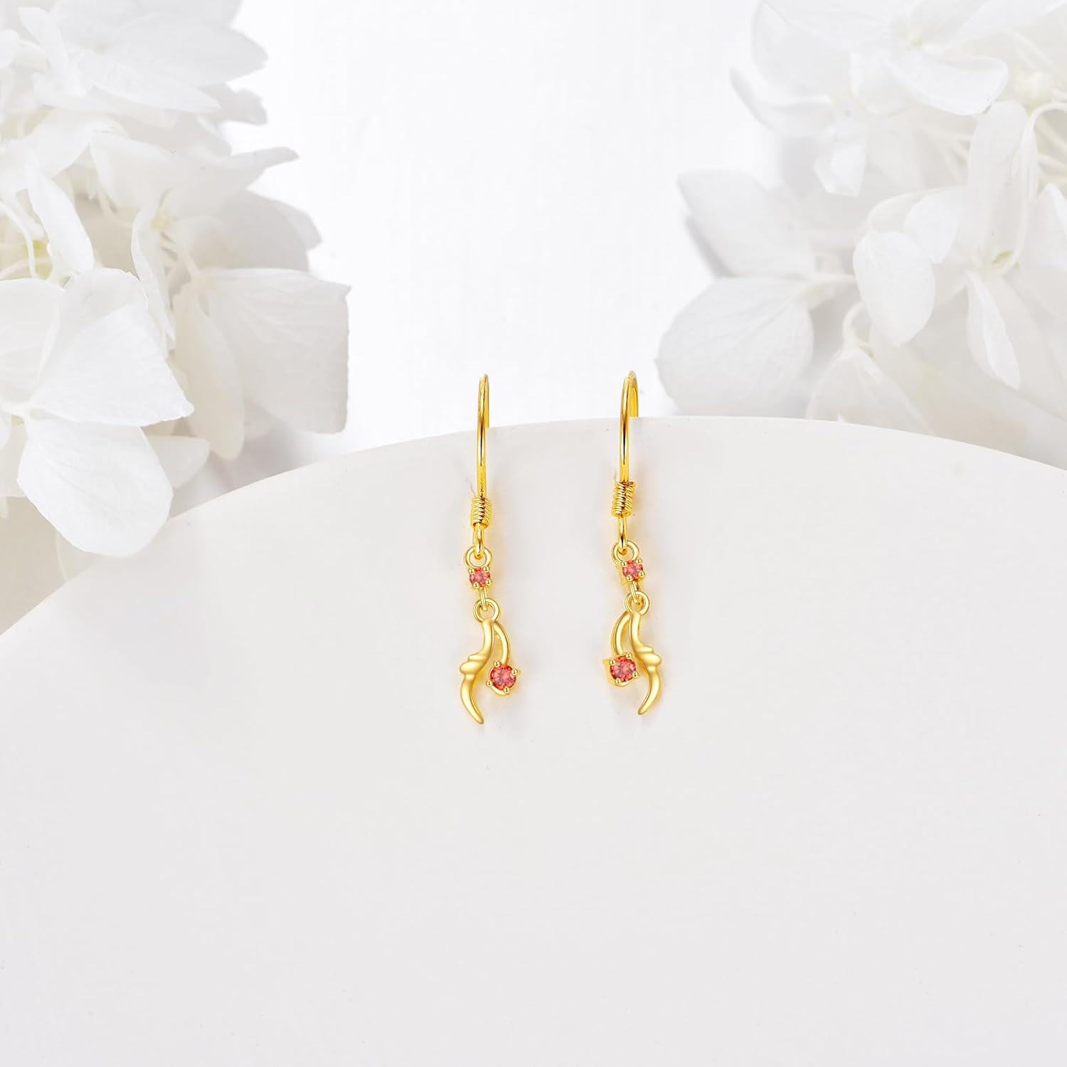 14K Gold Red Crystal Sun and Moon Drop Earrings for Women - Lever Back s-0-3