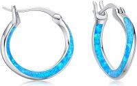 wholesale Sterling Silver Opal Hoop Earrings for Women Blue White Black Green Pink Orange Hypoallergenic Huggie Cartilage Mother s Day Jewelry-Blue Opal