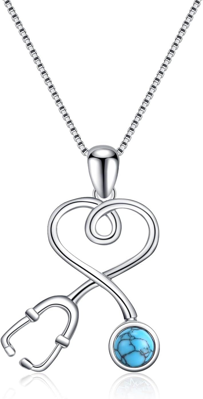 Sterling Silver Stethoscope Necklace w 12 Austria Birthstone Crystals Med Grad Gift-925 Silver - Turquoise