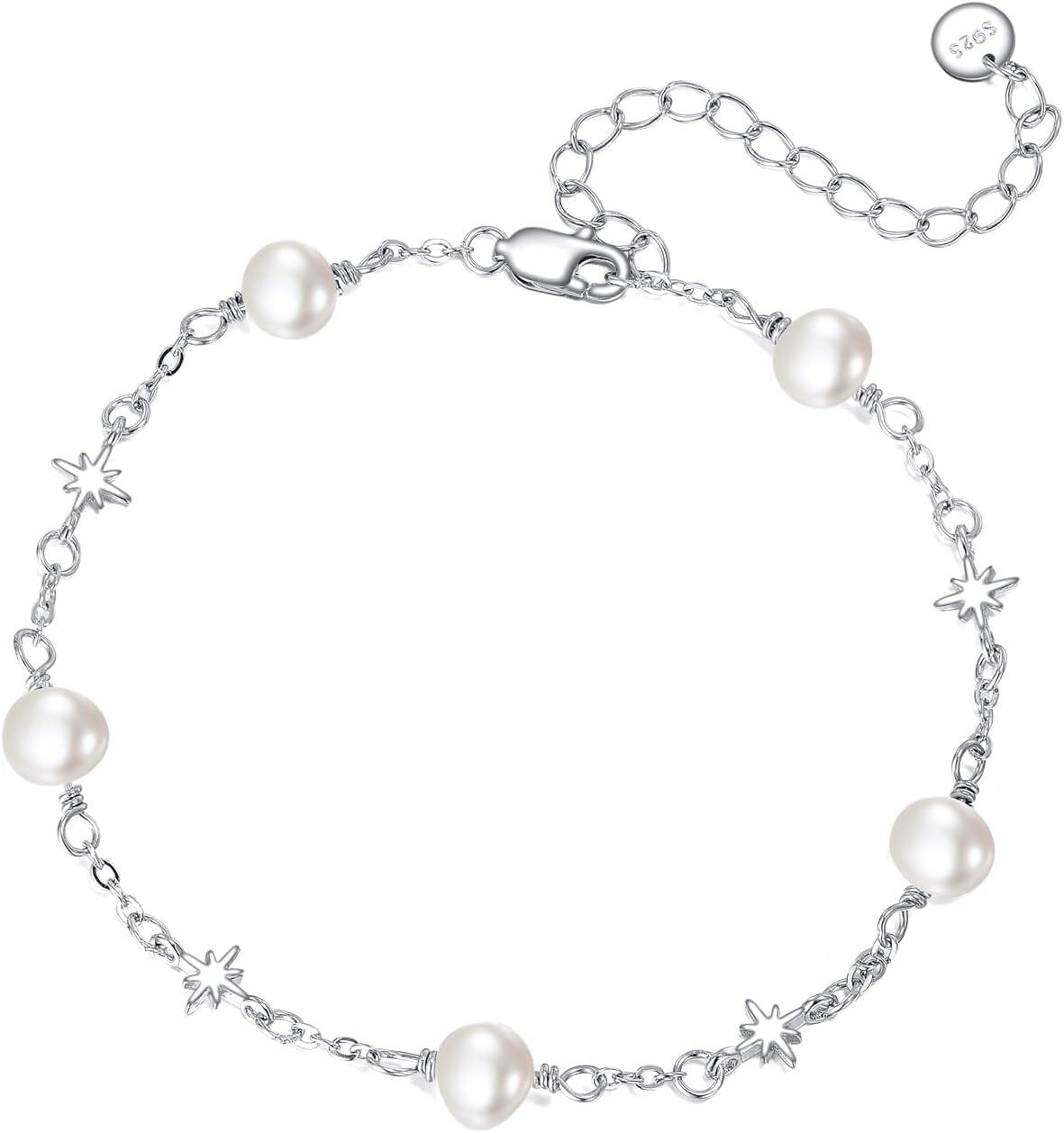 925 Sterling Silver Pearl Star Charm Bracelet Gift for Mom-0-0