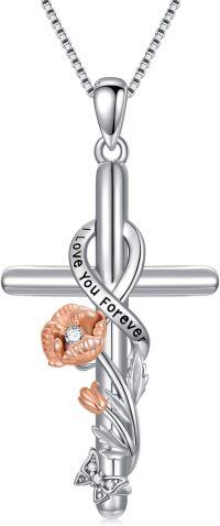 wholesale 925 Sterling Silver Flower and Leaf Design Cross Pendant Necklace with I Love You Forever Inscription - Religious s for Mothers & Daughters-Poppy