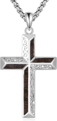 wholesale 925 Sterling Silver and Koa Wood Inlay Cross Pendant Necklace for Men Women Religious s-Filigree Cross