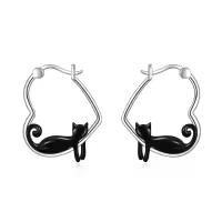 wholesale 925 Sterling Silver Cat Heart Hoop Dangle Earrings Wholesale Cute s for Women-Black Cat
