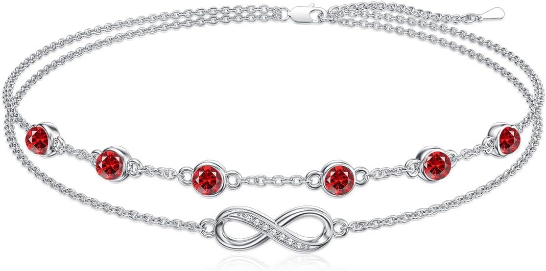 Sterling Silver Birthstone Women s Anklet Bracelets Infinity Butterfly Evil Eye Turtle Pineapple Starfish Heart-Bracelet 7"-9"-Infinity 07-Ruby