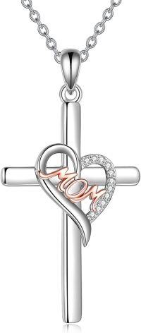 wholesale 925 Sterling Silver Mom Cross Necklaces for Women - Heart-Shaped Pendant with Cubic Zirconia-mom