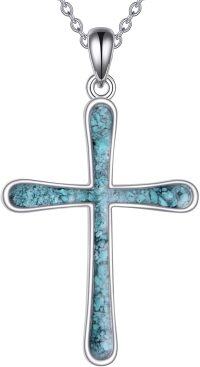 wholesale 925 Sterling Silver Turquoise Inlay Celtic Cross Pendant Necklace for Women Girls Christian Catholic Gift Ideas 45cm Chain Length-Cross