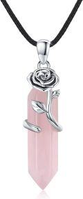 wholesale 925 Sterling Silver Pink Rose Quartz Flower Crystal Pendant Necklace-0-0
