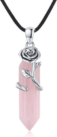 wholesale 925 Sterling Silver Pink Rose Quartz Flower Crystal Pendant Necklace-Rose Quartz