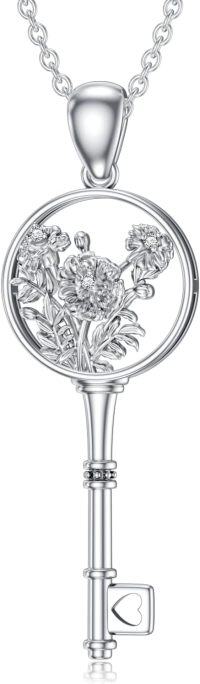 wholesale Sterling Silver Diamond Birth Flower Key Necklace for Women-10-Oct-Marigold