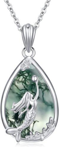 wholesale  Sterling Silver Cubic Zirconia Mermaid Necklace Beach Jewelry Gift -04-Mermaid Moss Agate