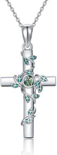 wholesale Sterling Silver Turquoise Moonstone Moss Agate Larimar Cross Necklace for Women-02-moss agate