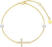 wholesale 10K Gold & Freshwater Pearl Dainty Cross Bracelet for Women, Religious Gift-10k Yellow Gold
