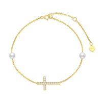 wholesale 10K Gold & Freshwater Pearl Dainty Cross Bracelet for Women, Religious Gift-10k Yellow Gold