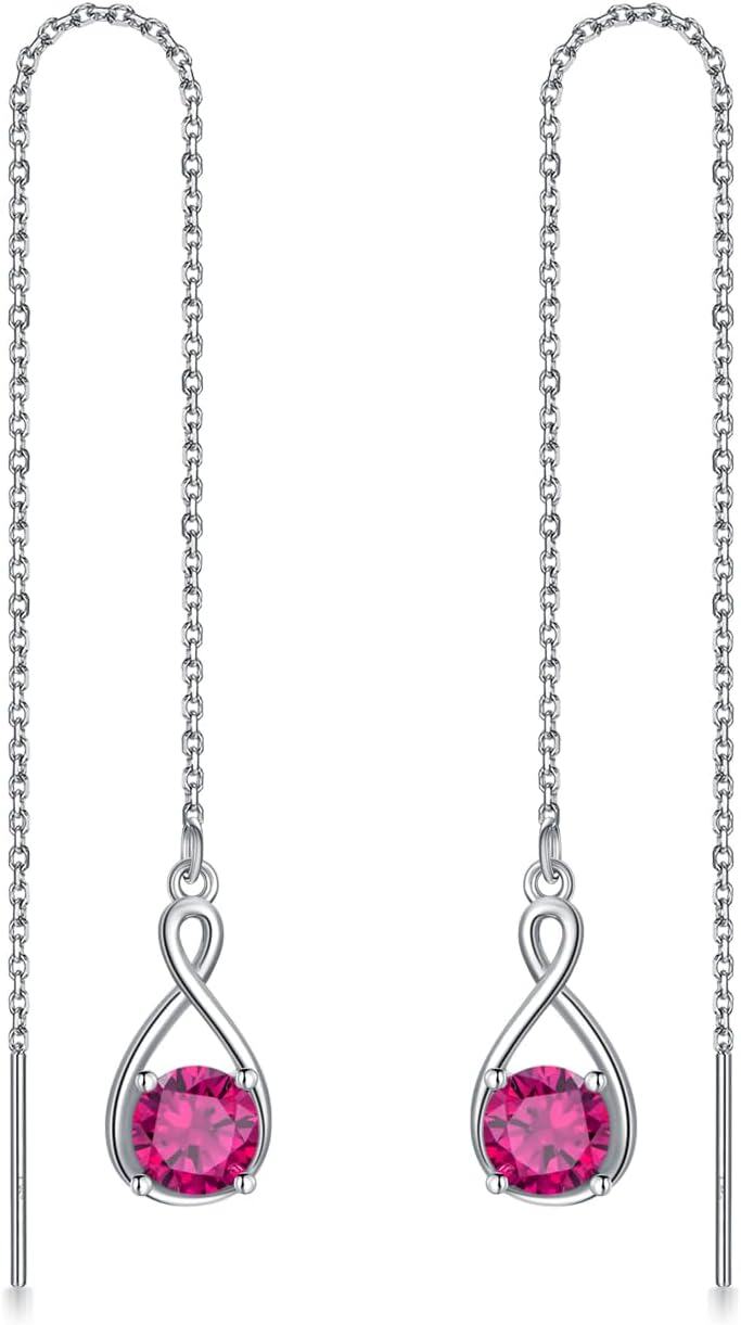  Sterling Silver Birthstone Threader Earrings Infinity Long Chain Drop Pull Through 12 Stone Birthday Jewelry Gifts for Women -07-Jul-Ruby