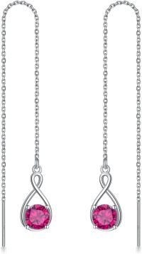 wholesale 925 Sterling Silver Birthstone Threader Earrings Infinity Long Chain Drop Pull Through 12 Stone Birthday Jewelry Gifts for Women-07-Jul-Ruby
