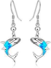 wholesale 925 Sterling Silver Blue Fire Opal Shark Drop Earrings for Girls and Women - Unique Oceanic Gift Idea-Blue Opal