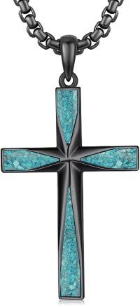 wholesale 925 Sterling Silver Black Plated Blue Stone Inlay Cross Pendant Necklaces for Men Christian Gifts-B - Black Cross with Turquoise Gravel