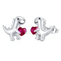 wholesale 925 Sterling Silver Dinosaur Stud Earrings Wholesale With Red Heart-G-July-Ruby