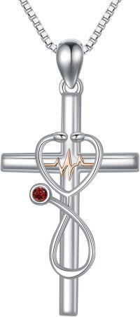 wholesale 925 Sterling Silver Birthstone Stethoscope Cross Necklace for Nurse Doctor RN-01-January-Garnet