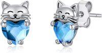 wholesale 925 Sterling Silver Blue Heart Cat Stud Earrings - Adorable Kitty  for Her-Light Blue