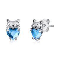 wholesale 925 Sterling Silver Blue Heart Cat Stud Earrings - Adorable Kitty  for Her-Light Blue