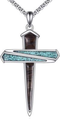 wholesale 925 Sterling Silver Cross Turquoise Stone Wooden Bead Pendant Necklace -Nails Cross