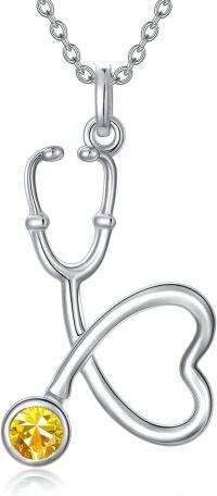 wholesale 925 Sterling Silver Clear Birthstone Heart Stethoscope Pendant Necklace for Nurse-11-November-Citrine