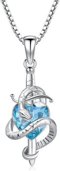wholesale 925 Sterling Silver Birthstone Snake Sword Pendant Necklace for Women-925 Silver#03-March-Aquamarine