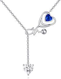 wholesale 925 Sterling Silver Heartbeat Crystal Blue Sapphire Pendant Necklace for Women-Stethoscope