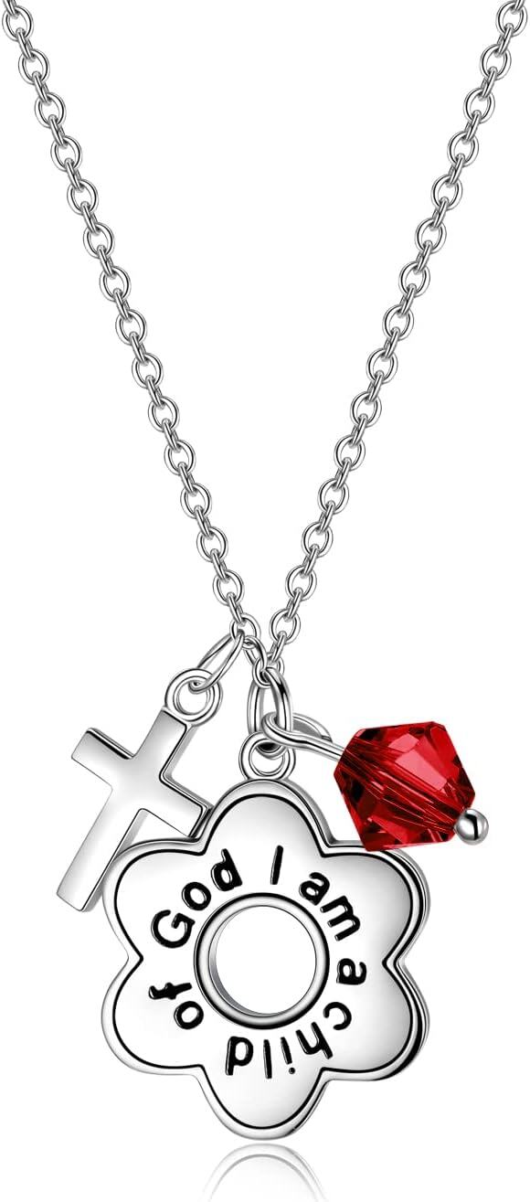 Sterling Silver Daisy Child of God Necklace for Girls Baptism Communion Birthday-Simulated Garnet