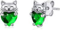 wholesale 925 Sterling Silver Green Heart Cat Stud Earrings - Adorable Kitty  for Her-Green
