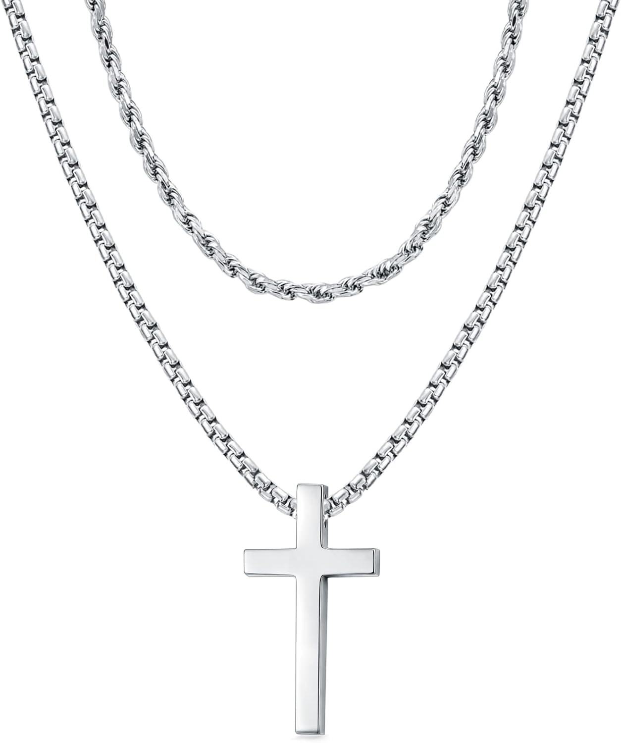 wholesale 925 Sterling Silver Layered Cross Pendant on Cuban Chain Necklaces for Men-0-0