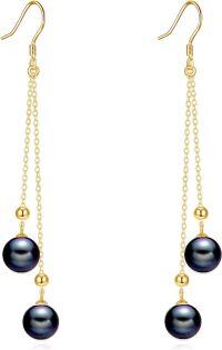 wholesale  Solid Gold 14K Freshwater Pearl Threader Tassel Dangle Earrings ( chars)-black